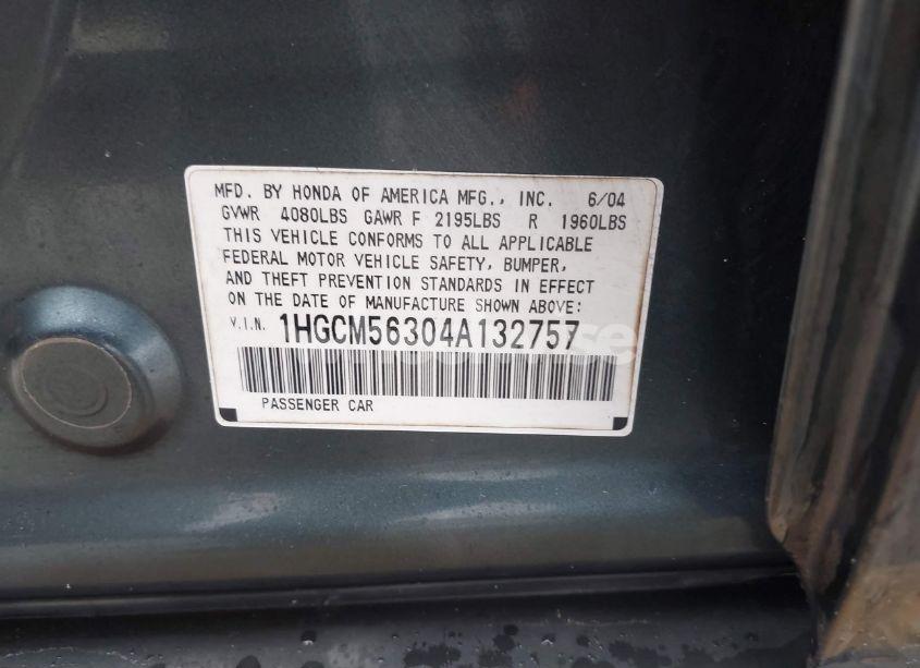Photo 9 of 2004 Honda Accord 2.4 LX (VIN 1HGCM56304A132757)