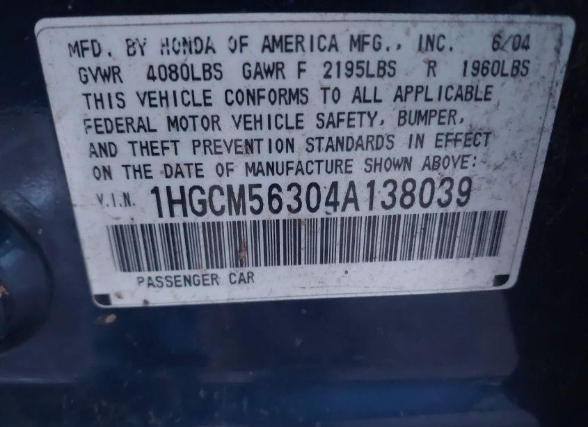 Photo 9 of 2004 Honda Accord 2.4 LX (VIN 1HGCM56304A138039)