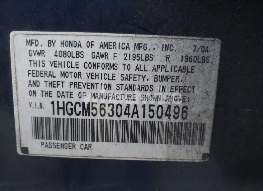 Photo 9 of 2004 Honda Accord 2.4 LX (VIN 1HGCM56304A150496)