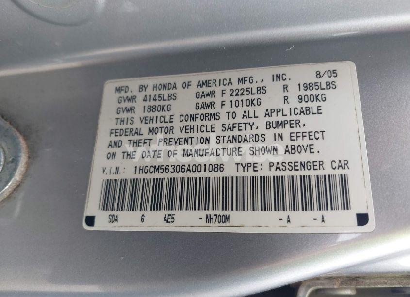 Photo 9 of 2006 Honda Accord 2.4 SE (VIN 1HGCM56306A001086)