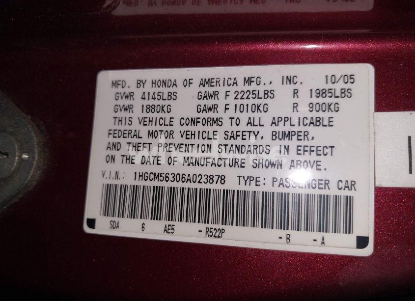 Photo 9 of 2006 Honda Accord 2.4 SE (VIN 1HGCM56306A023878)