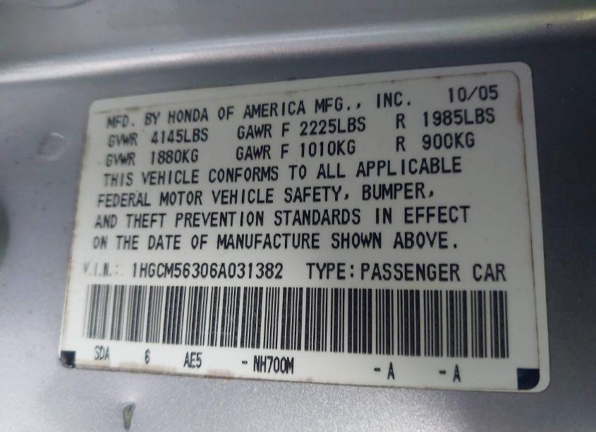Photo 9 of 2006 Honda Accord 2.4 SE (VIN 1HGCM56306A031382)