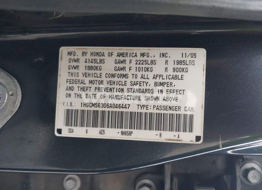 Photo 9 of 2006 Honda Accord 2.4 SE (VIN 1HGCM56306A046447)