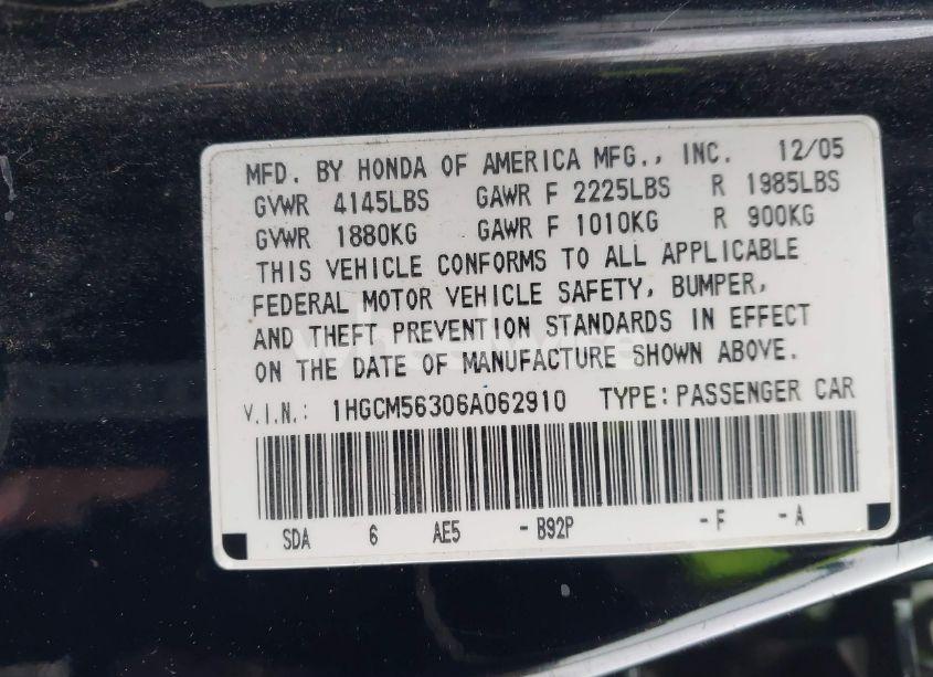 Photo 9 of 2006 Honda Accord 2.4 SE (VIN 1HGCM56306A062910)