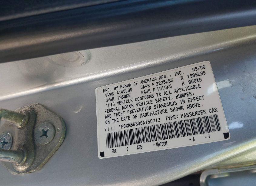 Photo 9 of 2006 Honda Accord 2.4 SE (VIN 1HGCM56306A150713)