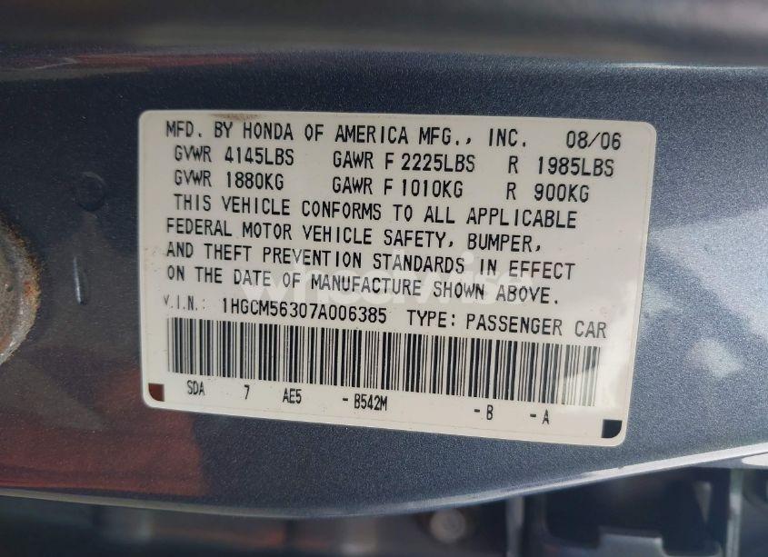 Photo 9 of 2007 Honda Accord 2.4 SE (VIN 1HGCM56307A006385)
