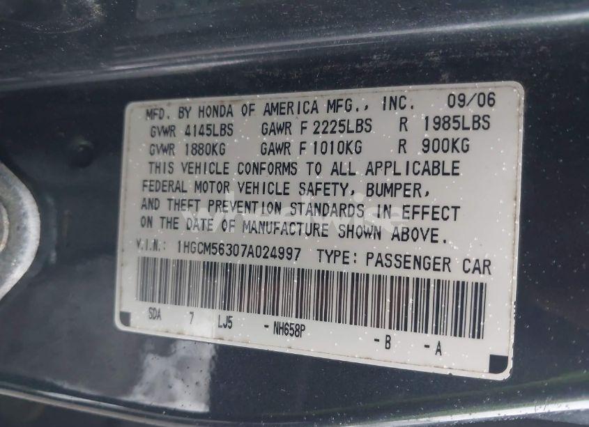 Photo 9 of 2007 Honda Accord 2.4 SE (VIN 1HGCM56307A024997)