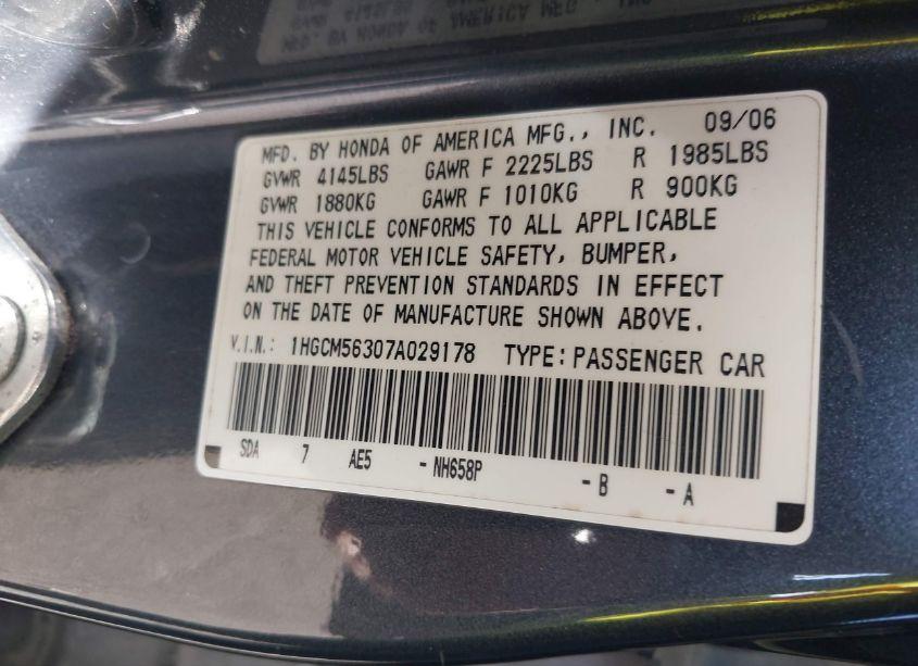 Photo 9 of 2007 Honda Accord 2.4 SE (VIN 1HGCM56307A029178)