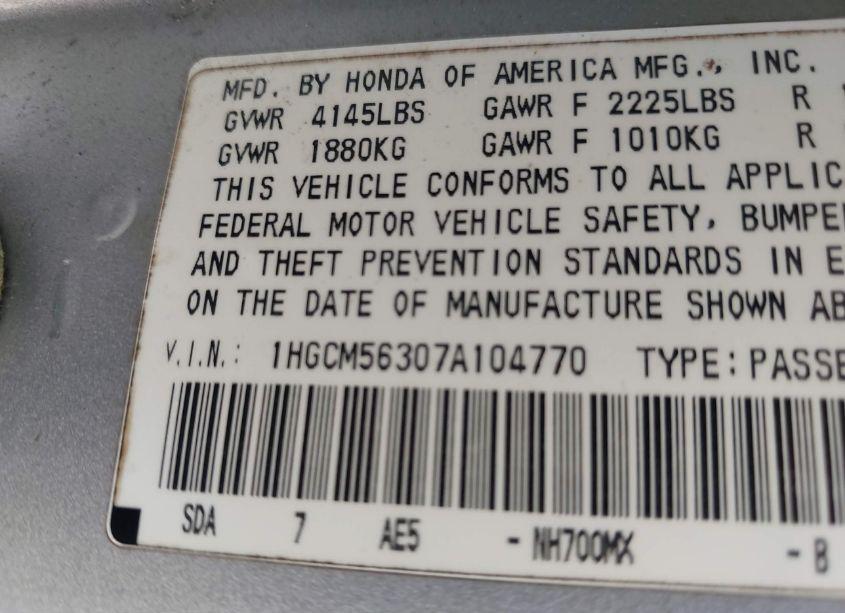 Photo 9 of 2007 Honda Accord 2.4 SE (VIN 1HGCM56307A104770)