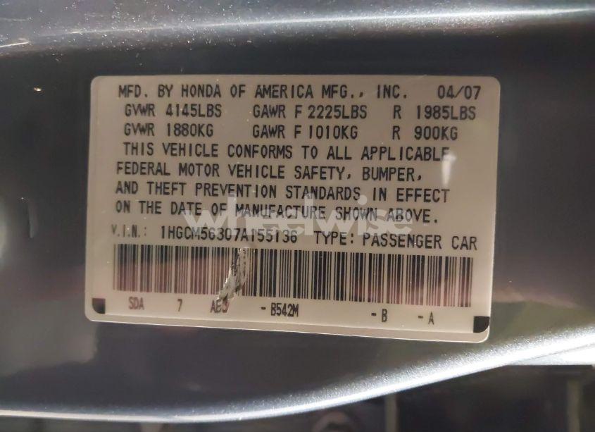 Photo 9 of 2007 Honda Accord 2.4 SE (VIN 1HGCM56307A155136)