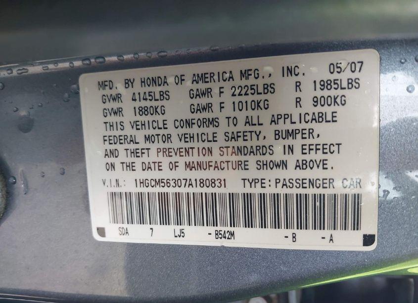 Photo 9 of 2007 Honda Accord 2.4 SE (VIN 1HGCM56307A180831)