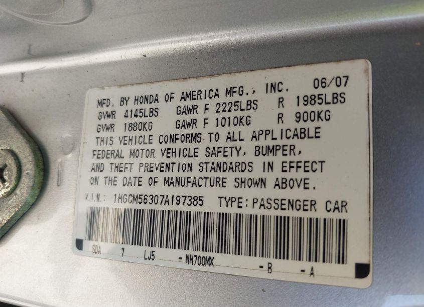 Photo 9 of 2007 Honda Accord 2.4 SE (VIN 1HGCM56307A197385)