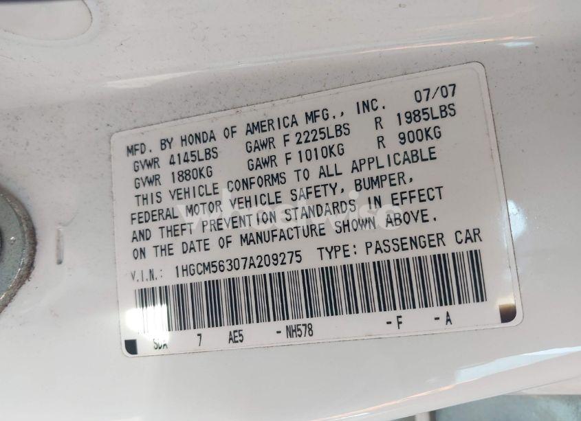 Photo 9 of 2007 Honda Accord 2.4 SE (VIN 1HGCM56307A209275)