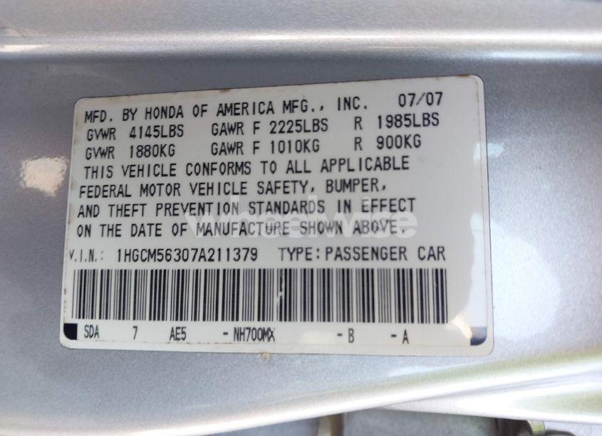 Photo 9 of 2007 Honda Accord 2.4 SE (VIN 1HGCM56307A211379)