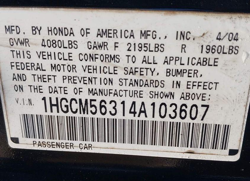 Photo 9 of 2004 Honda Accord 2.4 LX (VIN 1HGCM56314A103607)