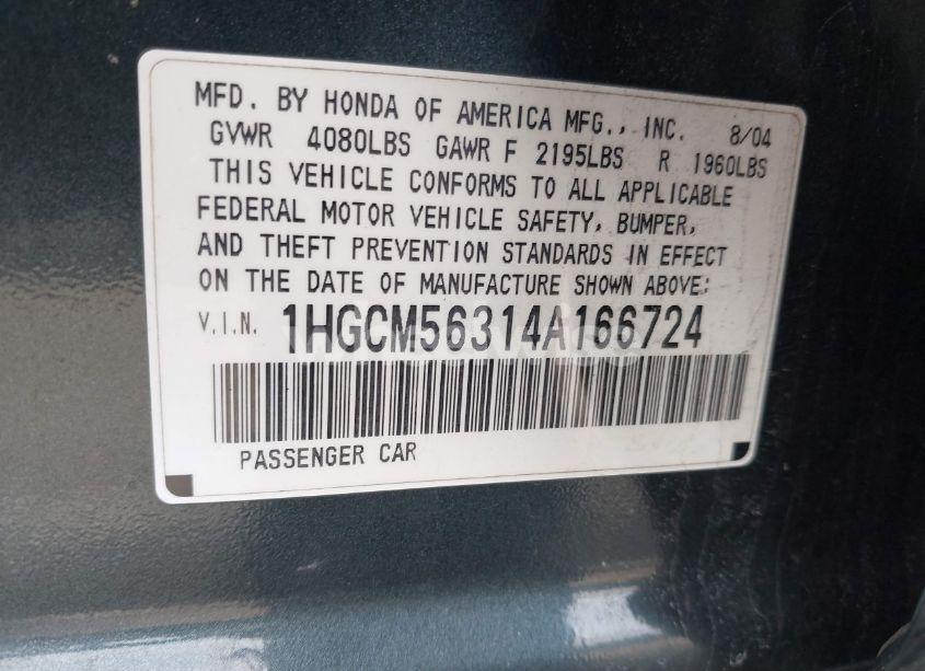 Photo 9 of 2004 Honda Accord 2.4 LX (VIN 1HGCM56314A166724)