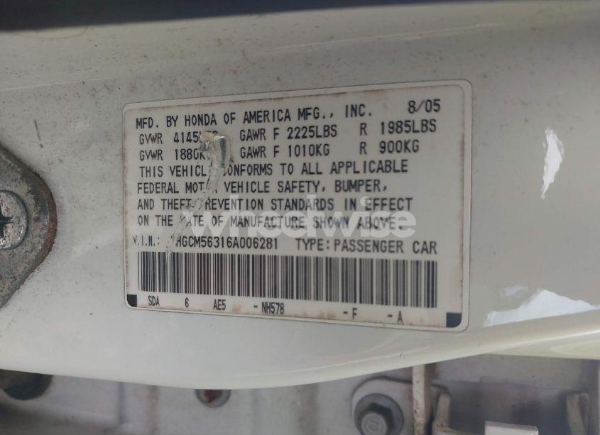 Photo 9 of 2006 Honda Accord 2.4 SE (VIN 1HGCM56316A006281)