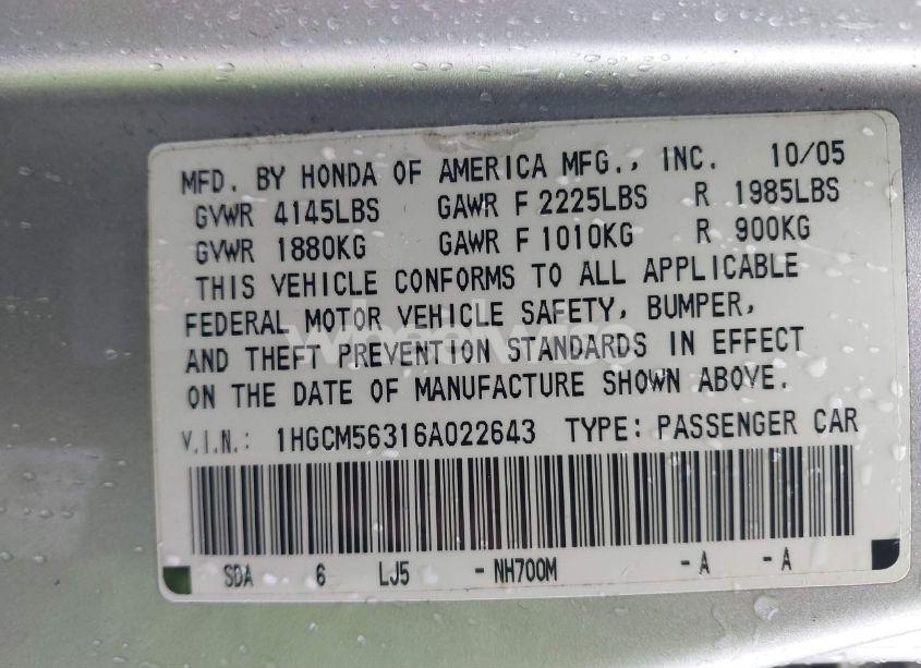 Photo 9 of 2006 Honda Accord 2.4 SE (VIN 1HGCM56316A022643)