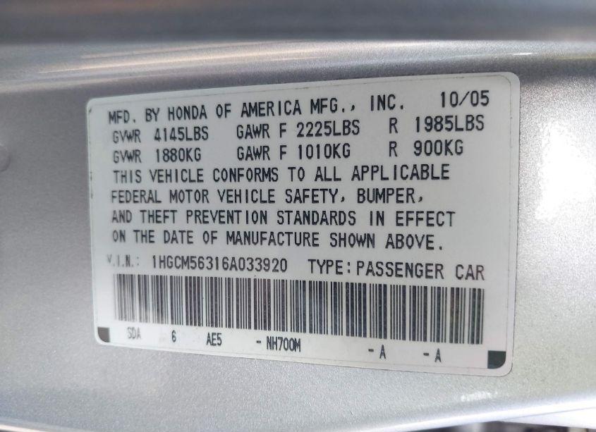Photo 9 of 2006 Honda Accord 2.4 SE (VIN 1HGCM56316A033920)