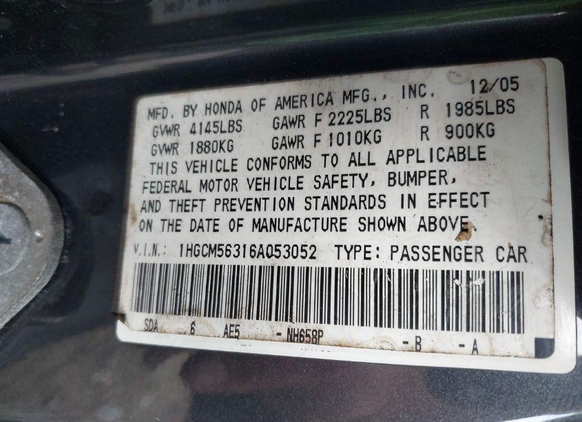 Photo 9 of 2006 Honda Accord 2.4 SE (VIN 1HGCM56316A053052)