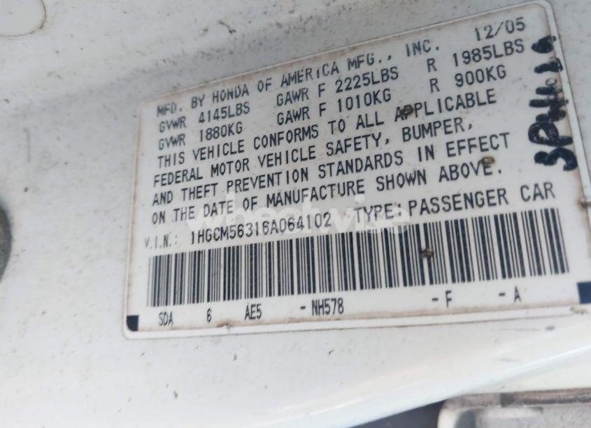 Photo 9 of 2006 Honda Accord 2.4 SE (VIN 1HGCM56316A064102)