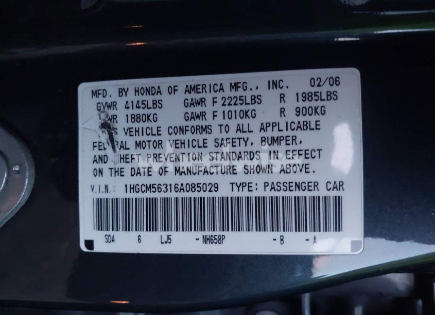 Photo 9 of 2006 Honda Accord 2.4 SE (VIN 1HGCM56316A085029)