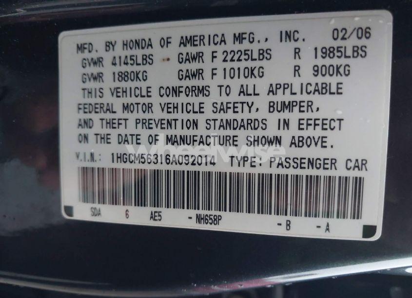 Photo 9 of 2006 Honda Accord 2.4 SE (VIN 1HGCM56316A092014)