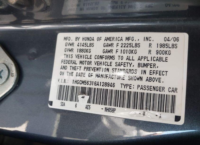 Photo 9 of 2006 Honda Accord 2.4 SE (VIN 1HGCM56316A128946)