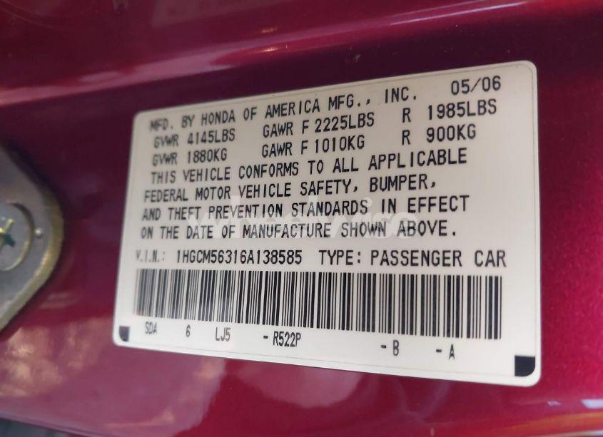 Photo 9 of 2006 Honda Accord 2.4 SE (VIN 1HGCM56316A138585)