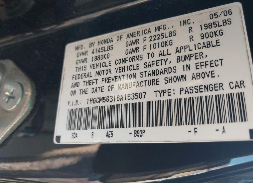 Photo 9 of 2006 Honda Accord 2.4 SE (VIN 1HGCM56316A153507)