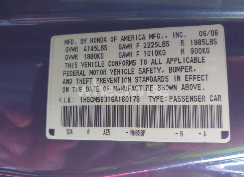 Photo 9 of 2006 Honda Accord 2.4 SE (VIN 1HGCM56316A160179)