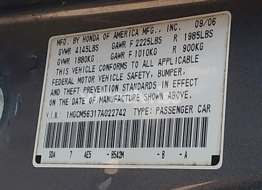 Photo 9 of 2007 Honda Accord 2.4 SE (VIN 1HGCM56317A022742)