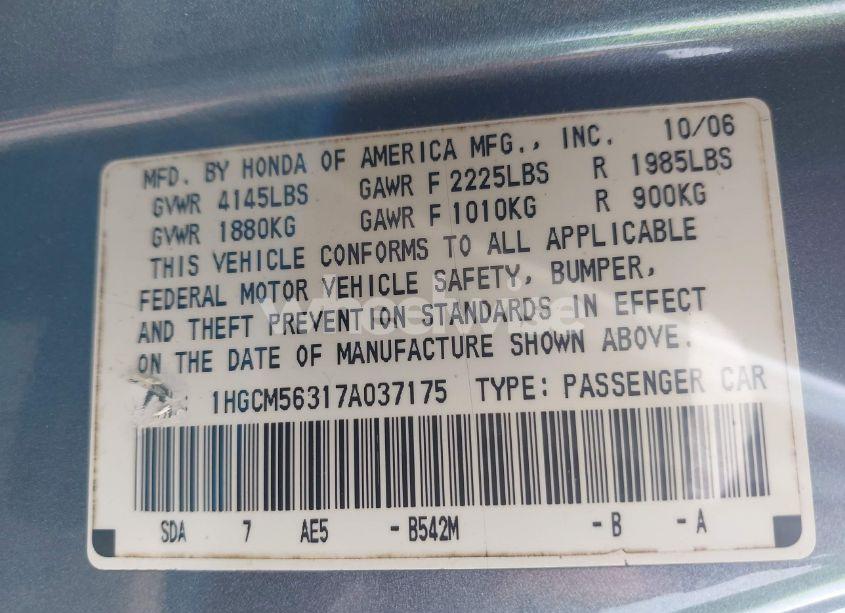 Photo 9 of 2007 Honda Accord 2.4 SE (VIN 1HGCM56317A037175)