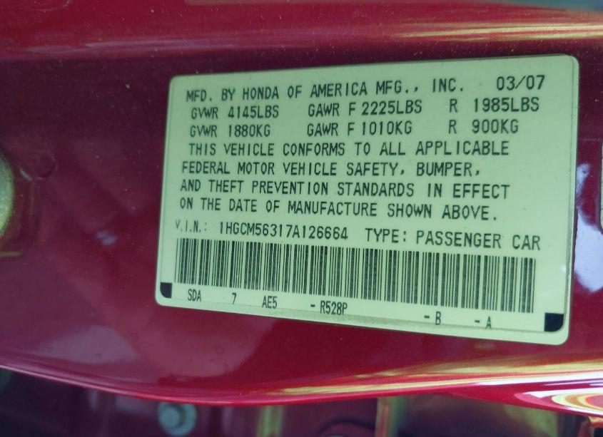 Photo 9 of 2007 Honda Accord 2.4 SE (VIN 1HGCM56317A126664)