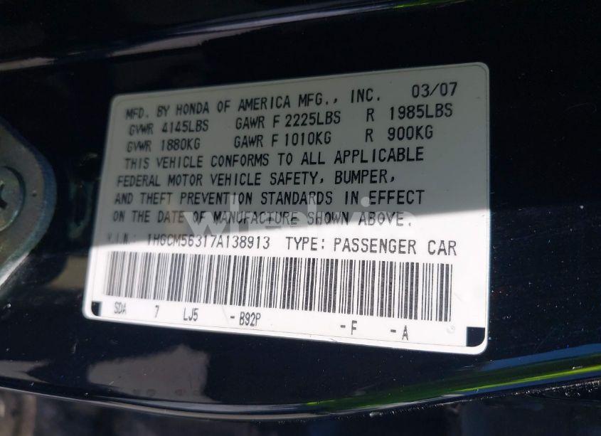 Photo 9 of 2007 Honda Accord 2.4 SE (VIN 1HGCM56317A138913)