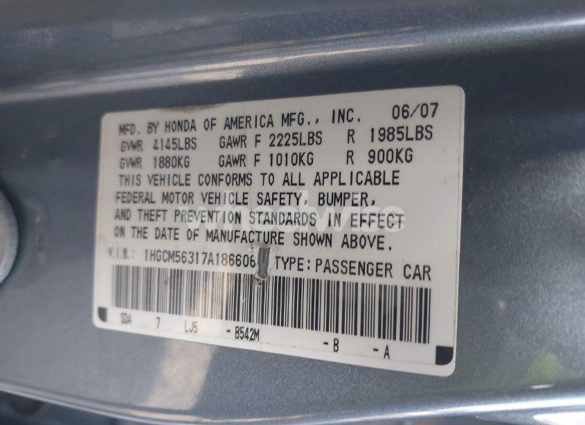 Photo 9 of 2007 Honda Accord 2.4 SE (VIN 1HGCM56317A186606)