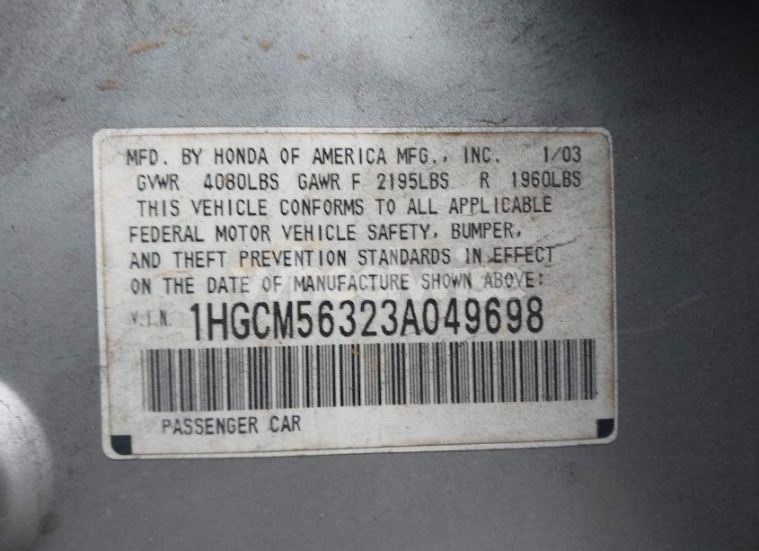 Photo 9 of 2003 Honda Accord 2.4 LX (VIN 1HGCM56323A049698)