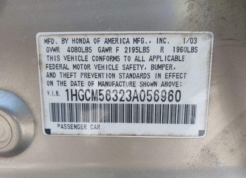Photo 9 of 2003 Honda Accord 2.4 LX (VIN 1HGCM56323A056960)