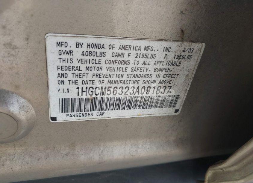 Photo 9 of 2003 Honda Accord 2.4 LX (VIN 1HGCM56323A091837)