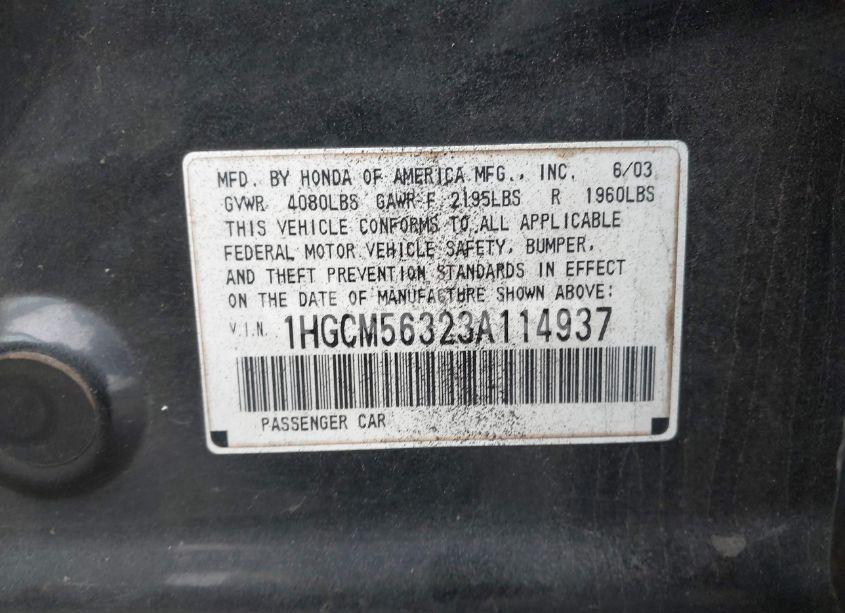 Photo 9 of 2003 Honda Accord 2.4 LX (VIN 1HGCM56323A114937)
