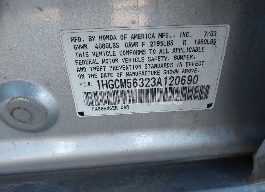 Photo 9 of 2003 Honda Accord 2.4 LX (VIN 1HGCM56323A120690)