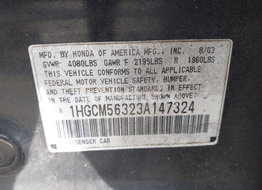 Photo 9 of 2003 Honda Accord 2.4 LX (VIN 1HGCM56323A147324)