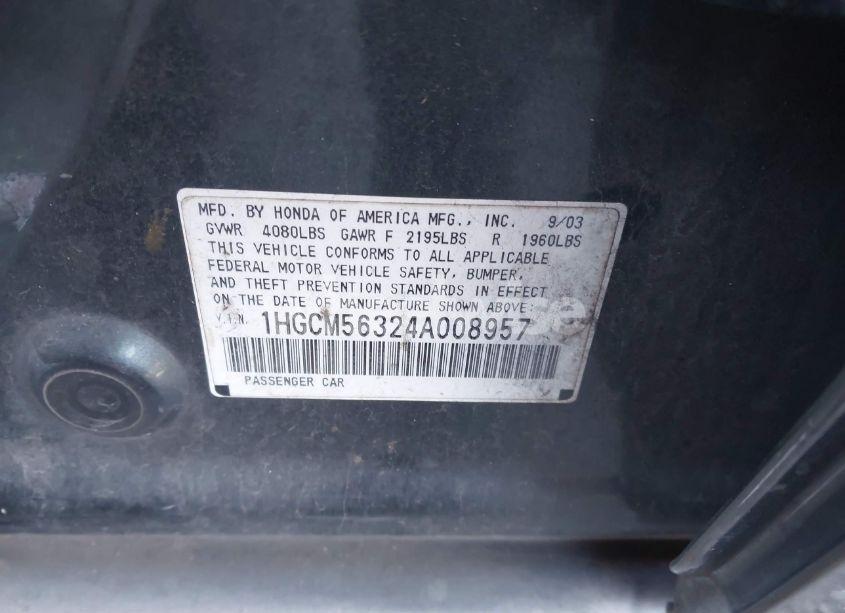 Photo 9 of 2004 Honda Accord 2.4 LX (VIN 1HGCM56324A008957)