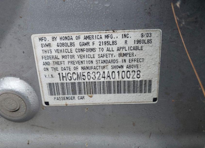 Photo 9 of 2004 Honda Accord 2.4 LX (VIN 1HGCM56324A010028)