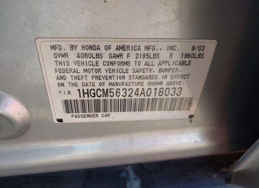 Photo 9 of 2004 Honda Accord 2.4 LX (VIN 1HGCM56324A018033)