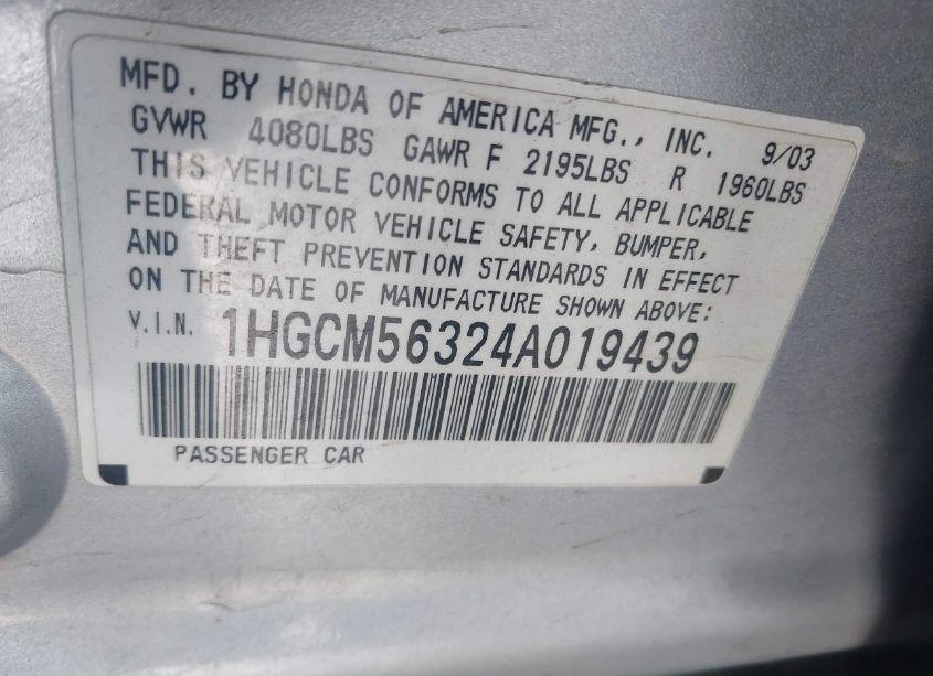 Photo 9 of 2004 Honda Accord 2.4 LX (VIN 1HGCM56324A019439)