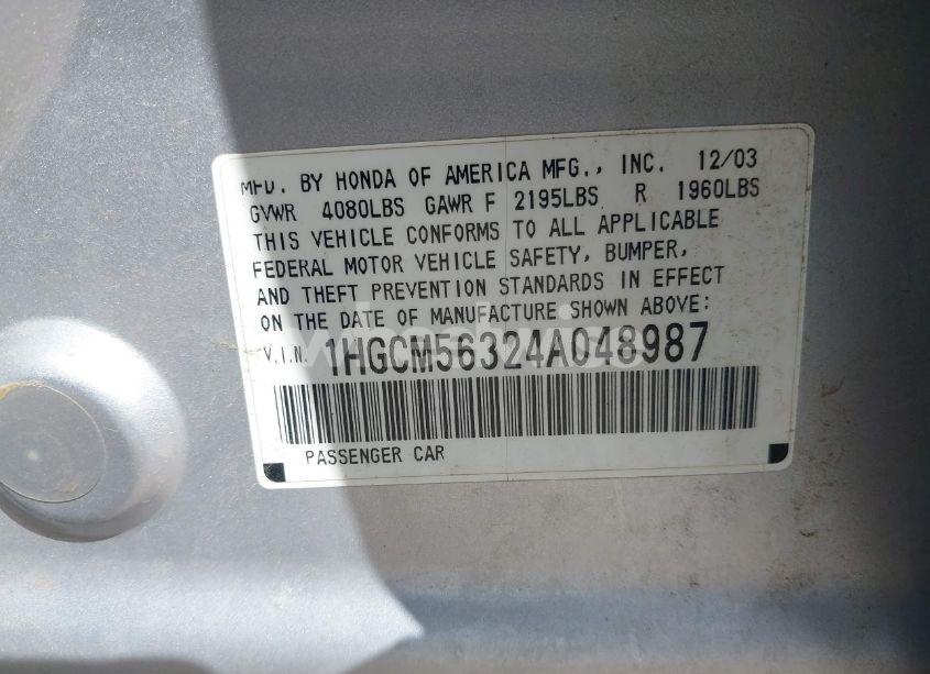 Photo 9 of 2004 Honda Accord 2.4 LX (VIN 1HGCM56324A048987)