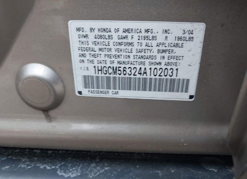 Photo 9 of 2004 Honda Accord 2.4 LX (VIN 1HGCM56324A102031)