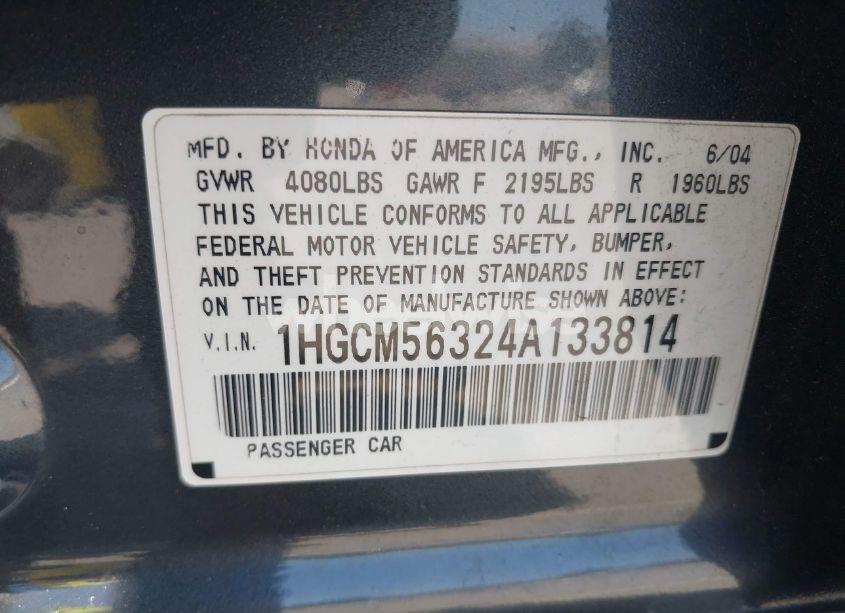 Photo 9 of 2004 Honda Accord 2.4 LX (VIN 1HGCM56324A133814)