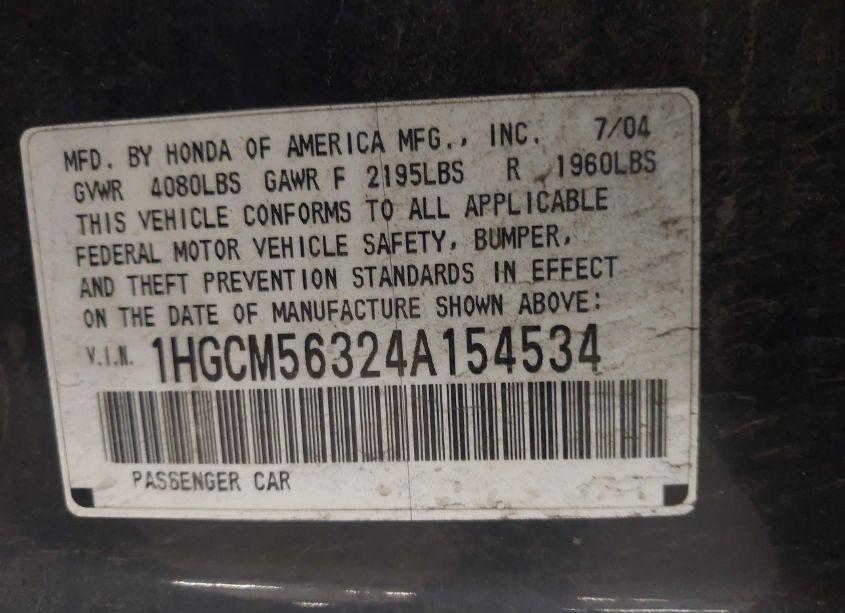 Photo 9 of 2004 Honda Accord SDN LX (VIN 1HGCM56324A154534)